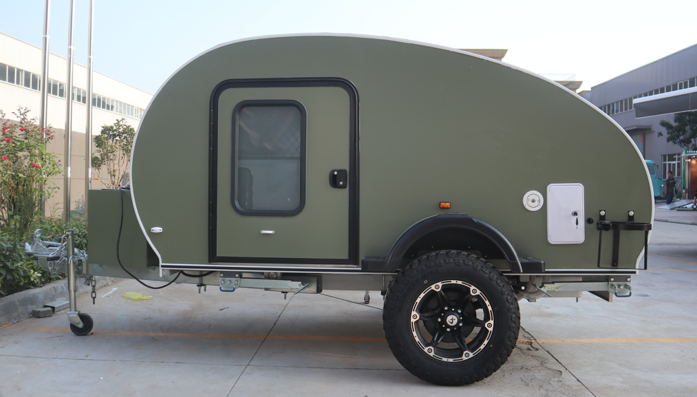 Side view of a lightweight teardrop camper trailer built in NSW